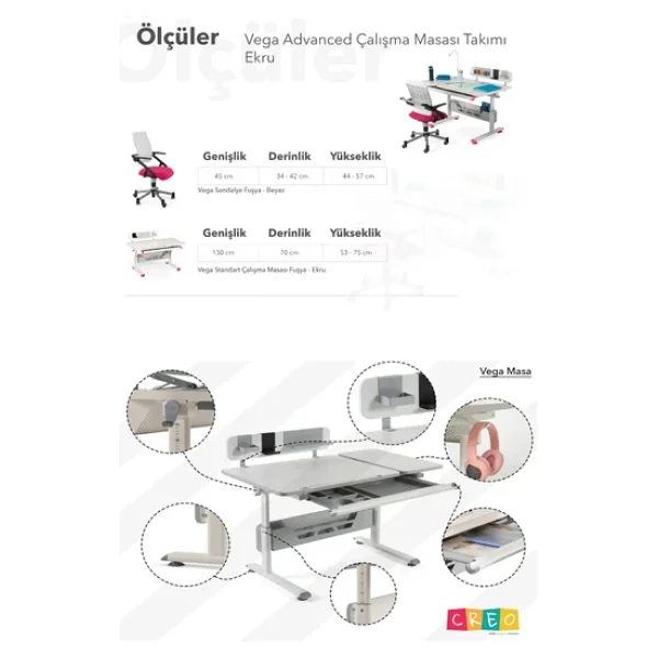 Creo Mobili Yükseklik Ve Eğim Ayarlı, Vega Advanced Bilgisayar Ve Çalışma Masası Takımı Ekru/Fuşya - Görsel 9