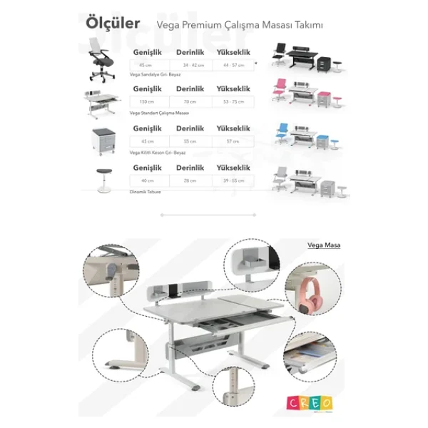 Creo Mobili Yükseklik Ve Eğim Ayarlı, Vega Premium Bilgisayar Ve Çalışma Masası Takımı Ekru/Antrasit - Görsel 9
