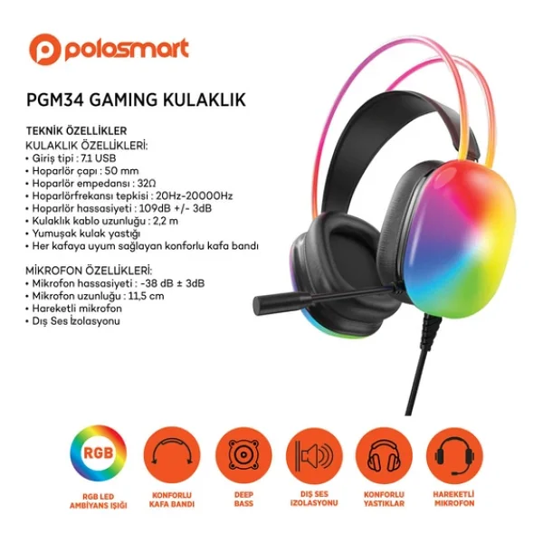 PoloSmart PGM34 7.1 USB Kablolu Kulak Üstü Oyuncu Kulaklığı - Görsel 3