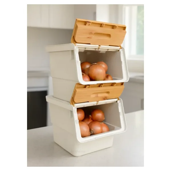 2'li Bambu Patates Soğan Sepeti Tekerlekli Kapaklı Havalandırmalı 24 Litre Sebzelik Organizer - Görsel 2
