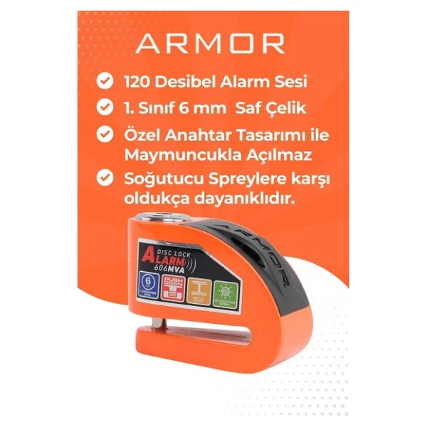 Armor 606 MVA 6 mm 120 dB Alarmlı Turuncu Disk Kilidi - Görsel 7