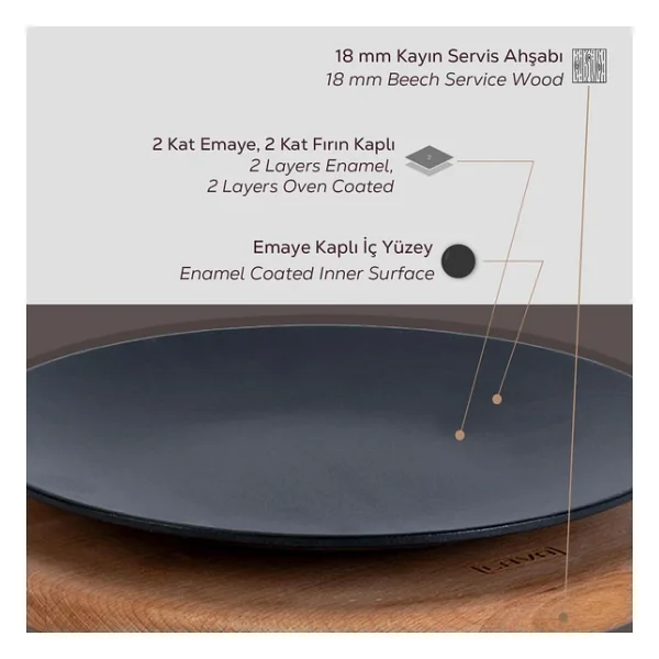 Lava Döküm Yuvarlak Servis Tabağı ve Kayın Servis Ahşabı 21 cm - Görsel 7