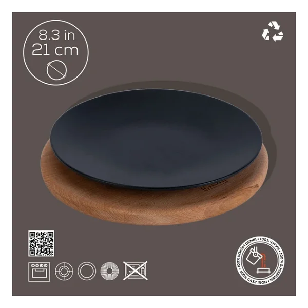 Lava Döküm Yuvarlak Servis Tabağı ve Kayın Servis Ahşabı 21 cm - Görsel 5
