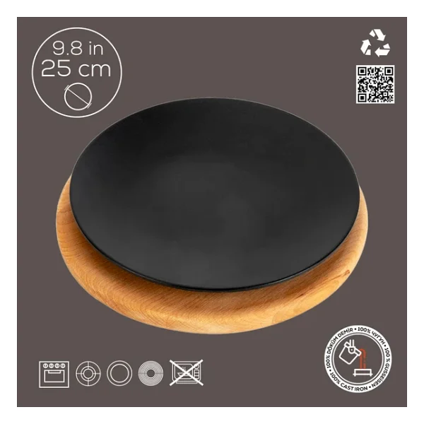Lava Döküm Yuvarlak Servis Tabağı ve Kayın Servis Ahşabı 25 cm - Görsel 2