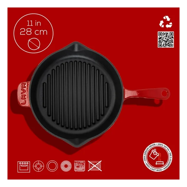 Lava LV Y GT 28 K0 R Yuvarlak Yekpare Saplı Kırmızı 28 cm Döküm Izgara Tava - Görsel 8