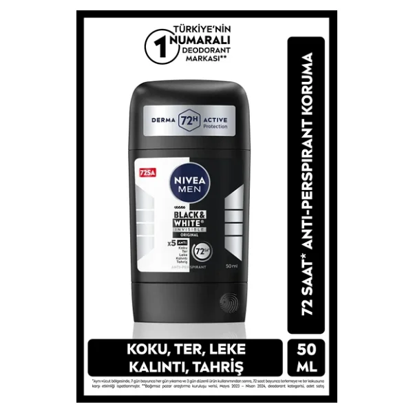 NIVEA MEN Erkek Stick Deodorant Black&white Invisible Original 50ml 72 Saat Anti-perspirant Ter Koruması - Görsel 3