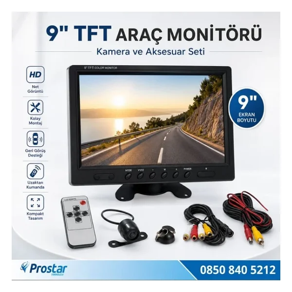 Araç içi Monitör 9 inç Büyük Ekran + 1 Adet Kamera Kelebek ve Tampon Uyumlu Hediyeli - Görsel 2