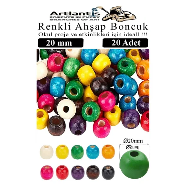 Renkli Ahşap Boncuk 20mm 20 li 1 Paket Renkli Ahşap Boyalı Yuvarlak Doğal Boncuklar Saç Takı Tasarım Ektinlik Kreş Okul - Görsel 2