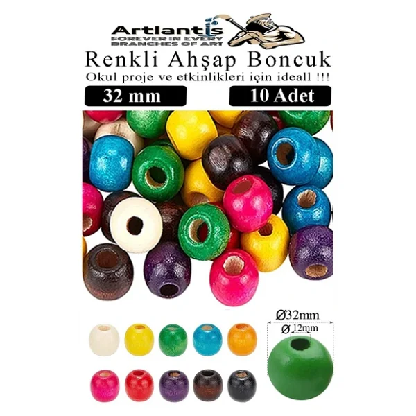 Renkli Ahşap Boncuk 32Mm 10 Lu 1 Paket Renkli Ahşap Boyalı Yuvarlak Doğal Boncuklar Saç Takı Tasarım Ektinlik Kreş Okul - Görsel 2