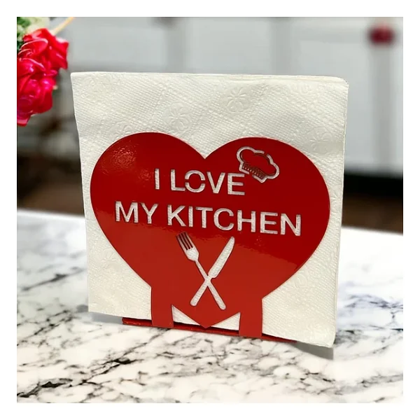 "I LOVE MY KITCHEN" Temalı Metal Peçetelik Kırmızı Kalp Şeklinde - Görsel 2