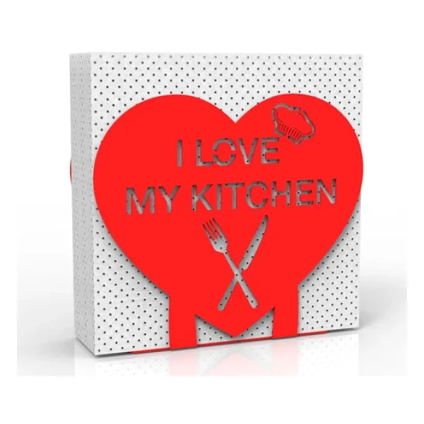 "I LOVE MY KITCHEN" Temalı Metal Peçetelik Kırmızı Kalp Şeklinde - Görsel 5