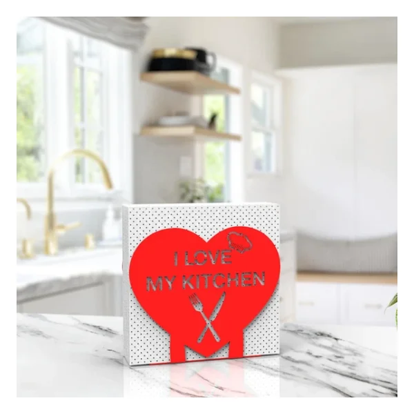 "I LOVE MY KITCHEN" Temalı Metal Peçetelik Kırmızı Kalp Şeklinde - Görsel 6