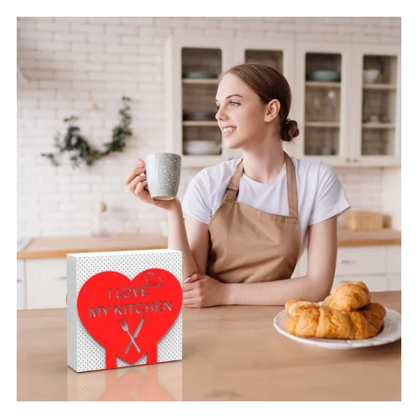 "I LOVE MY KITCHEN" Temalı Metal Peçetelik Kırmızı Kalp Şeklinde - Görsel 8