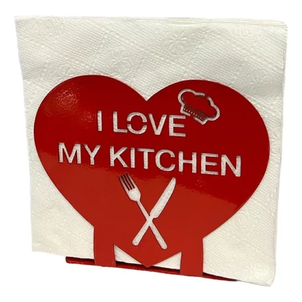 "I LOVE MY KITCHEN" Temalı Metal Peçetelik Kırmızı Kalp Şeklinde - Görsel 4