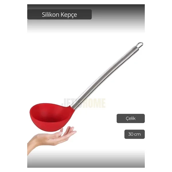 Silikon Kepçe Paslanmaz Saplı Servis Kepçesi Kırmızı 30 cm - Görsel 2