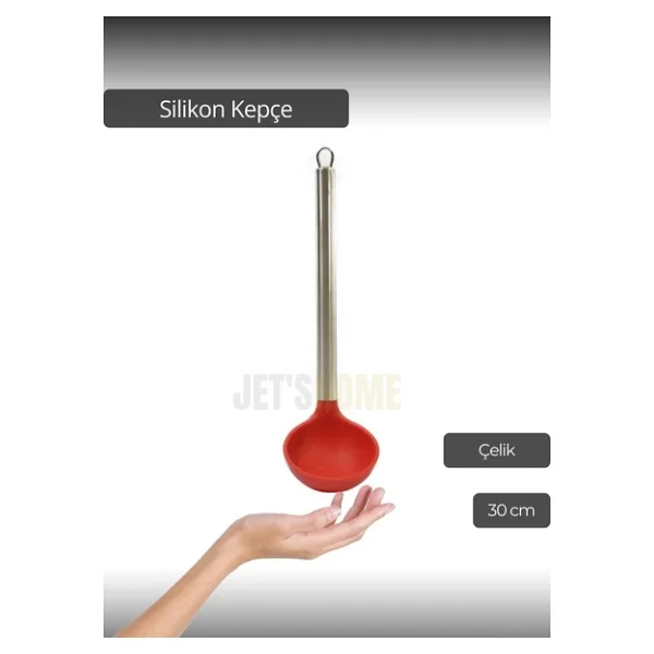 Silikon Kepçe Paslanmaz Saplı Servis Kepçesi Kırmızı 30 cm - Görsel 3