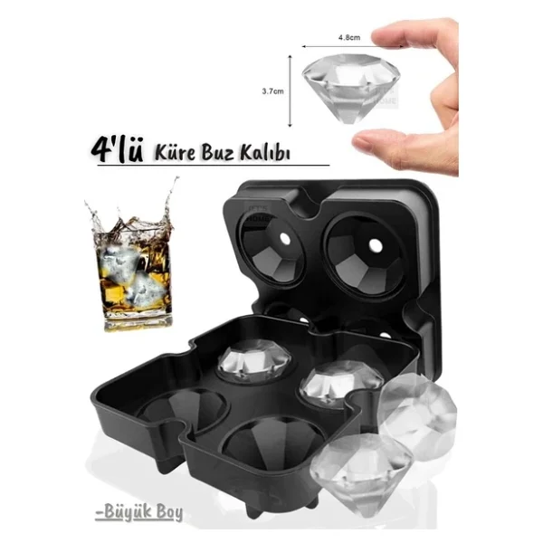 4'lü Elmas Buz Kalıbı Silikon Elmas Çikolata Kalıbı Siyah 47X38 mm - Görsel 5