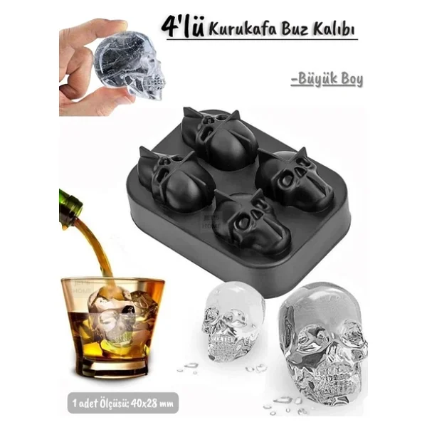 4'lü Kuru Kafa Buz Kalıbı Silikon Kurukafa Çikolata Kalıbı Siyah 40X28 mm - Görsel 6