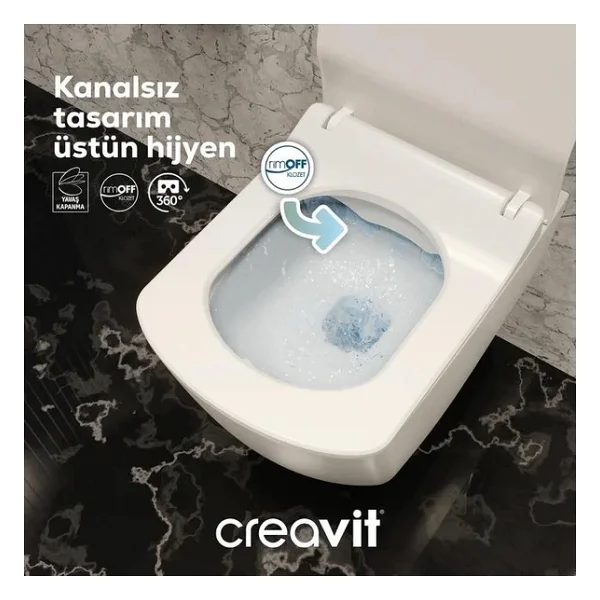 Creavit Elegant Rim-Off Asma Klozet + Yavaş Kapanır Kapak + Vitra Gömme Rezervuar Set - Görsel 9