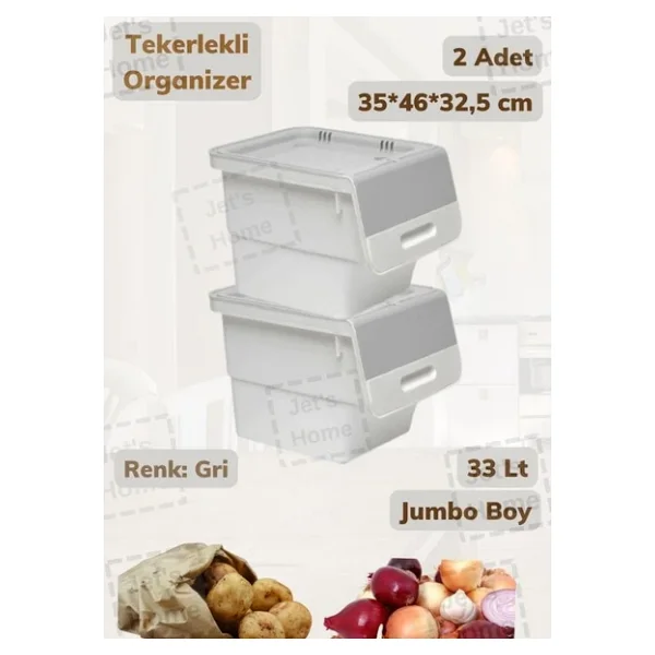 2'li Tekerlekli Patateslik Soğanlık BPA Free Oyuncaklık Erzak Kutusu Sebzelik Gri 33 Lt - Görsel 2