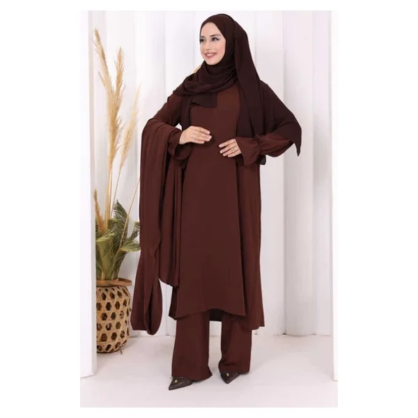 Tunik, Pantolon ve Abaya Üçlü Takım 8663 Kahverengi - Görsel 2
