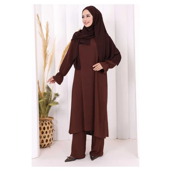 Tunik, Pantolon ve Abaya Üçlü Takım 8663 Kahverengi - Görsel 3