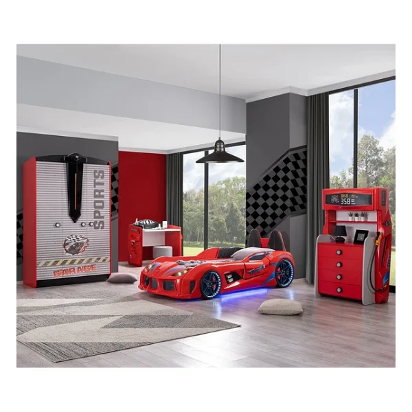 Çocuk Odası - Audi Koltuklu Arabalı Yatak - Sport 3 Kapılı Dolap, Masa, Şifonyer- Kırmızı - Görsel 2