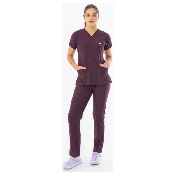 Likra Yarasa Kol Doktor Hemşire Forması Alt Üst Takım Mürdüm (LYRS1012) - Görsel 4