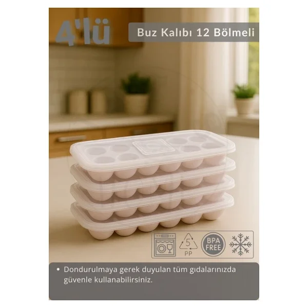 4'lü Set Buz Kalıbı 12 Bölmeli Esnek Silikon Buz Küpü BPA FREE Yuvarlak Bas Parmak Buzluk Çapı 3,5 cm Pembe - Görsel 2
