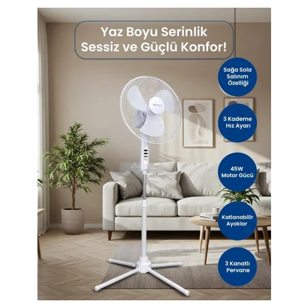 Bright Elegance BE-4116 16'' Katlanabilir Beyaz Ayaklı Vantilatör - Görsel 5