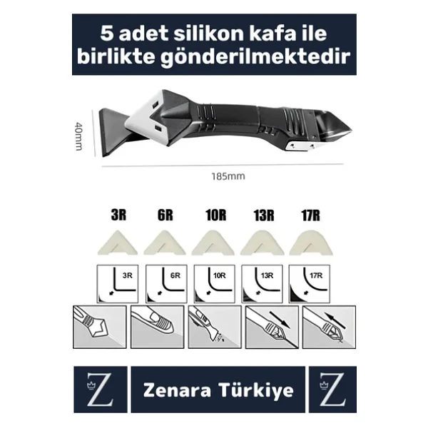 Premium Yüksek Kalite Kompakt 3 in 1 Fayans Derz Silikon Kazıyıcı Uygulayıcı 5 Silikon Başlık Hediye - Görsel 3