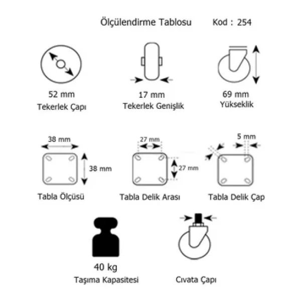 Hts 254- Döner Tablalı Frenli Mobilya Tekeri Çap : 52 Mm 4 Ad. - Görsel 2