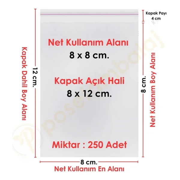 8x8+4 cm.(8x12) 250 Adet Şeffaf Bantlı Yapışkanlı OPP Poşet - Görsel 7