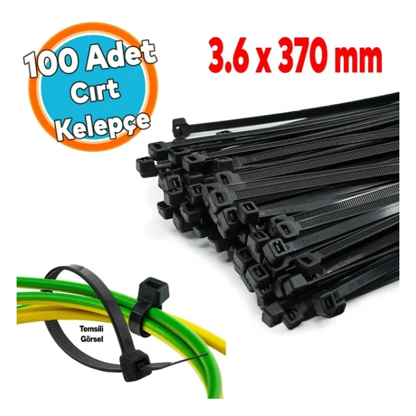 Cırt Kelepçe 3,6X370 mm Plastik 100 Adet Siyah Renk Zip Kablo Bağı Çok Amaçlı Bağlama Uzun - Görsel 6