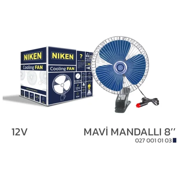 Niken Araç İçi Vantilatör Mavi Mandallı 12volt 8 İnç Niken - Görsel 2