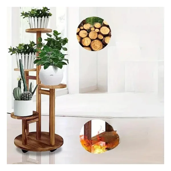 Tekerlekli Çiçeklik 5 Raflı Saksılık Dekoratif 5 Raflı Çiçeklik Doğal Ahşap Saksılık Çiçek Rafı Daire Model - Görsel 5