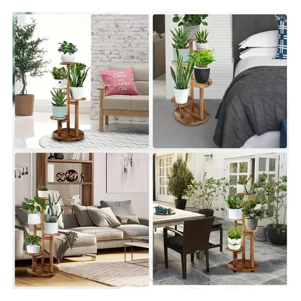 Tekerlekli Çiçeklik 5 Raflı Saksılık Dekoratif 5 Raflı Çiçeklik Doğal Ahşap Saksılık Çiçek Rafı Daire Model - Görsel 4