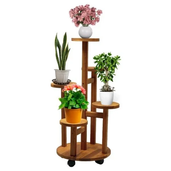 Tekerlekli Çiçeklik 5 Raflı Saksılık Dekoratif 5 Raflı Çiçeklik Doğal Ahşap Saksılık Çiçek Rafı Daire Model - Görsel 2