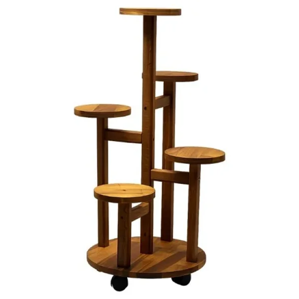Tekerlekli Çiçeklik 5 Raflı Saksılık Dekoratif 5 Raflı Çiçeklik Doğal Ahşap Saksılık Çiçek Rafı Daire Model - Görsel 3