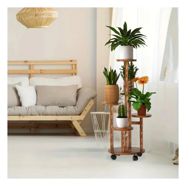 Tekerlekli Çiçeklik 5 Raflı Saksılık Dekoratif 5 Raflı Çiçeklik Doğal Ahşap Saksılık Çiçek Rafı Daire Model - Görsel 6