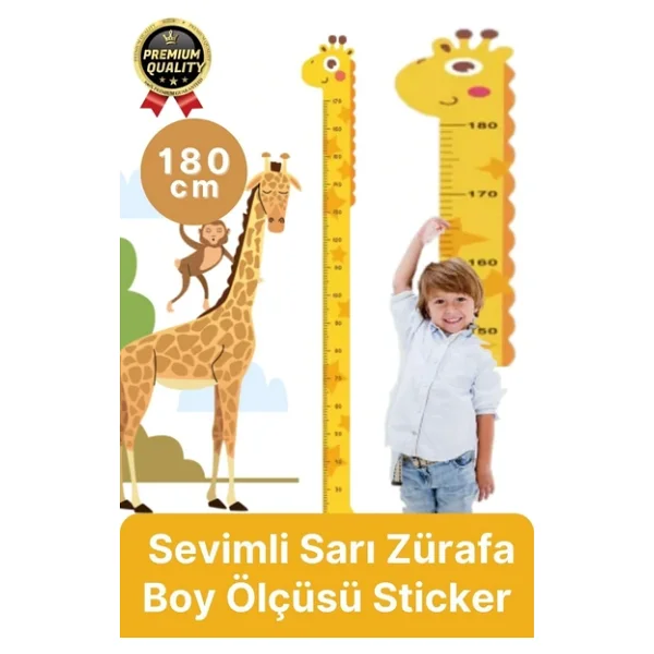 Yeni Seri Çift Taraflı Bantlı Çocuk Büyüme Cetveli Eğlenceli Sevimli Sarı Zürafa Boy Ölçüsü Sticker - Görsel 2
