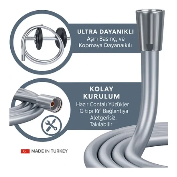 Desıphon Dayanıklı Gri Silikon Duş Hortumu - Kırılma Karşıtı, Esnek, Sızdırmaz Ve Uzun Ömürlü - Görsel 3