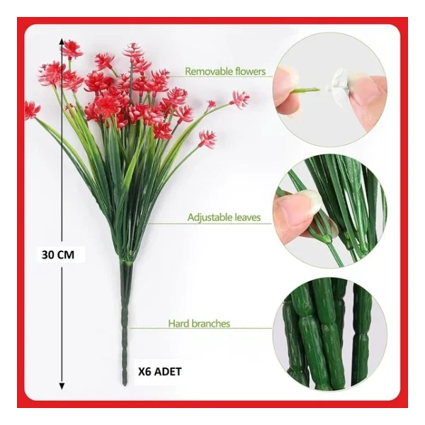 6Lı Set Yapay Çiçek Sazlı Lotus Kırmızı Renk 7 Dal Plastik 30Cm - Görsel 3
