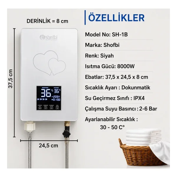 Shofbi SH-1S Gümüş Kalp Akıllı Dijital Şofben - Görsel 4