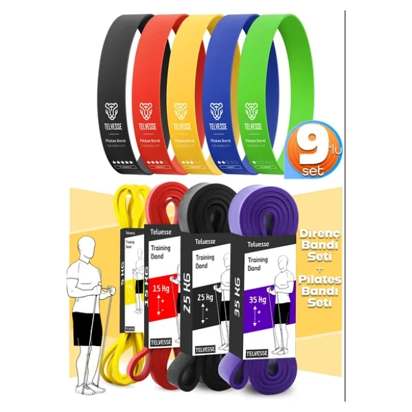 Telvesse 9lu TERA SET 5+15+25+35 KG + 5Li Pilates Direnç Bandı Barfiks Lastiği Loop Band Pembe Ton - Görsel 2