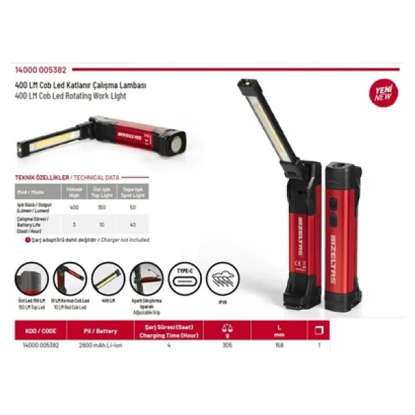 İzeltaş Cob Led Şarjlı Katlanır Çalışma Lambası 400 Lm 14000005382 - Görsel 4