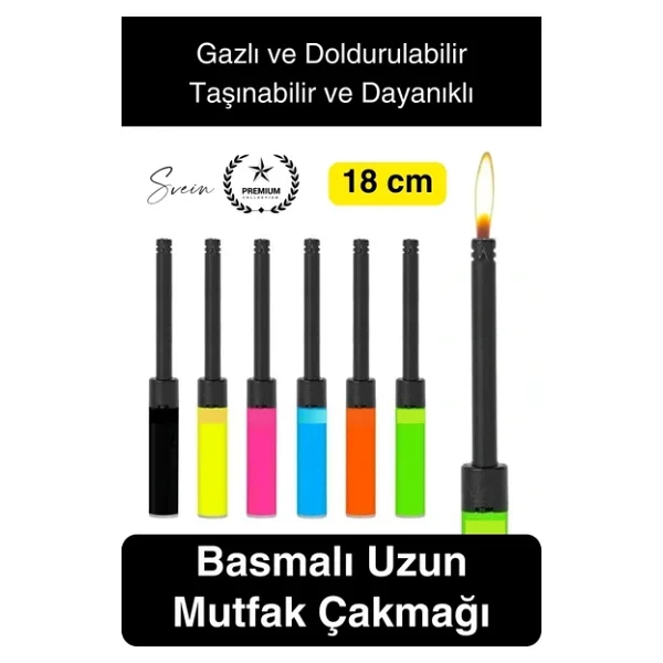 Premium 18 cm Basmalı Uzun Mutfak Çakmağı Gazlı Doldurulabilir Mum Mangal Kamp İçin Normal Alev - Görsel 2