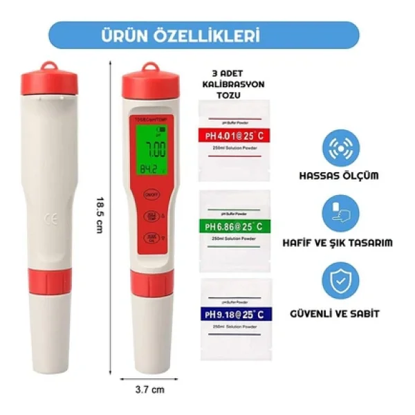 Ph Metre Tds Metre Sıcaklık Ec Ölçer 4ü 1 Arada Ölçüm Cihaz - Görsel 4