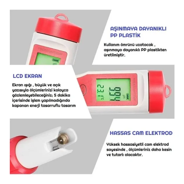 Ph Metre Tds Metre Sıcaklık Ec Ölçer 4ü 1 Arada Ölçüm Cihaz - Görsel 5