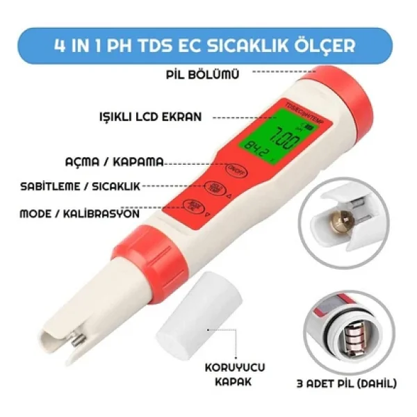 Ph Metre Tds Metre Sıcaklık Ec Ölçer 4ü 1 Arada Ölçüm Cihaz - Görsel 6